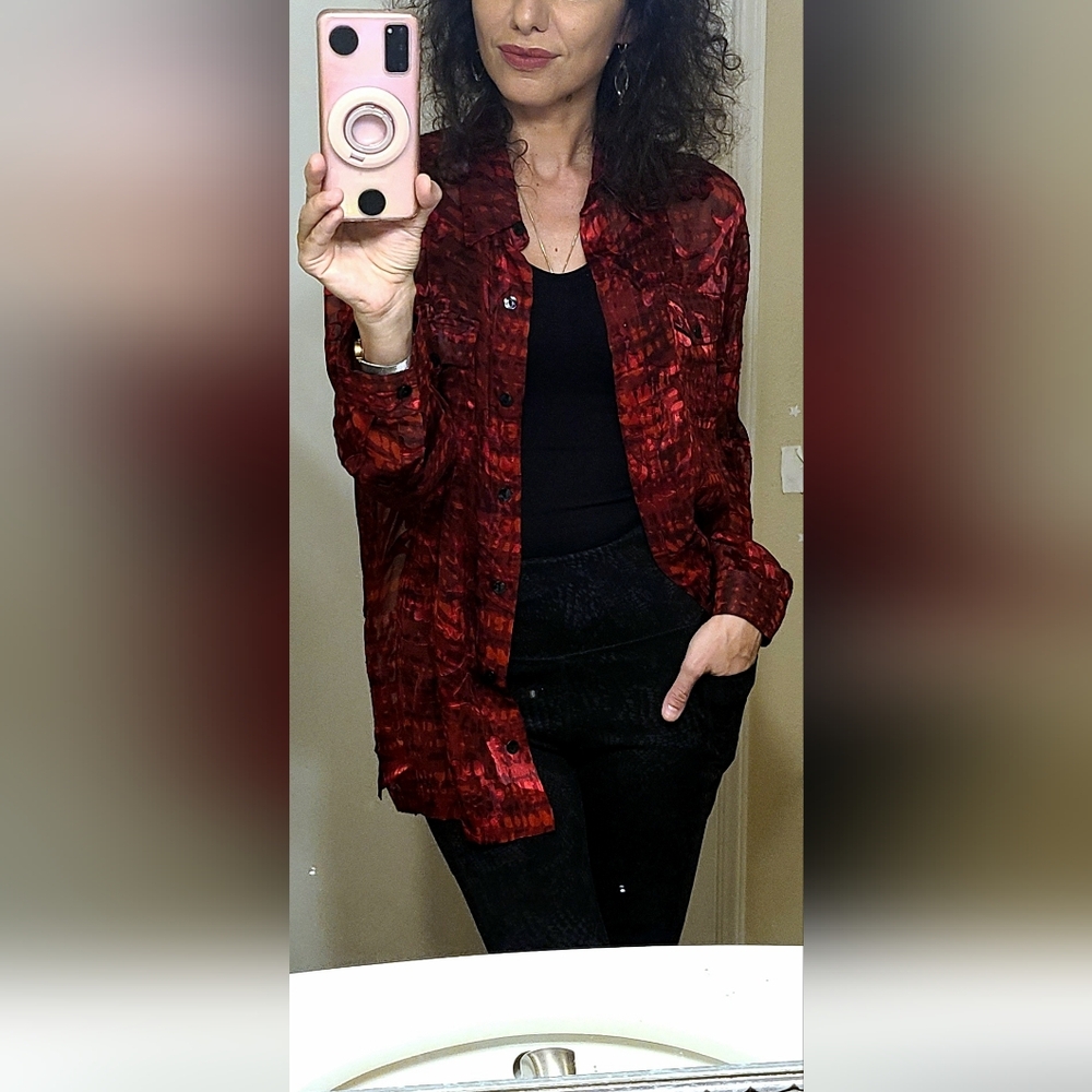 NWT Sheer Velvety Silky Red Button-Up Blouse - Picture 3 of 4